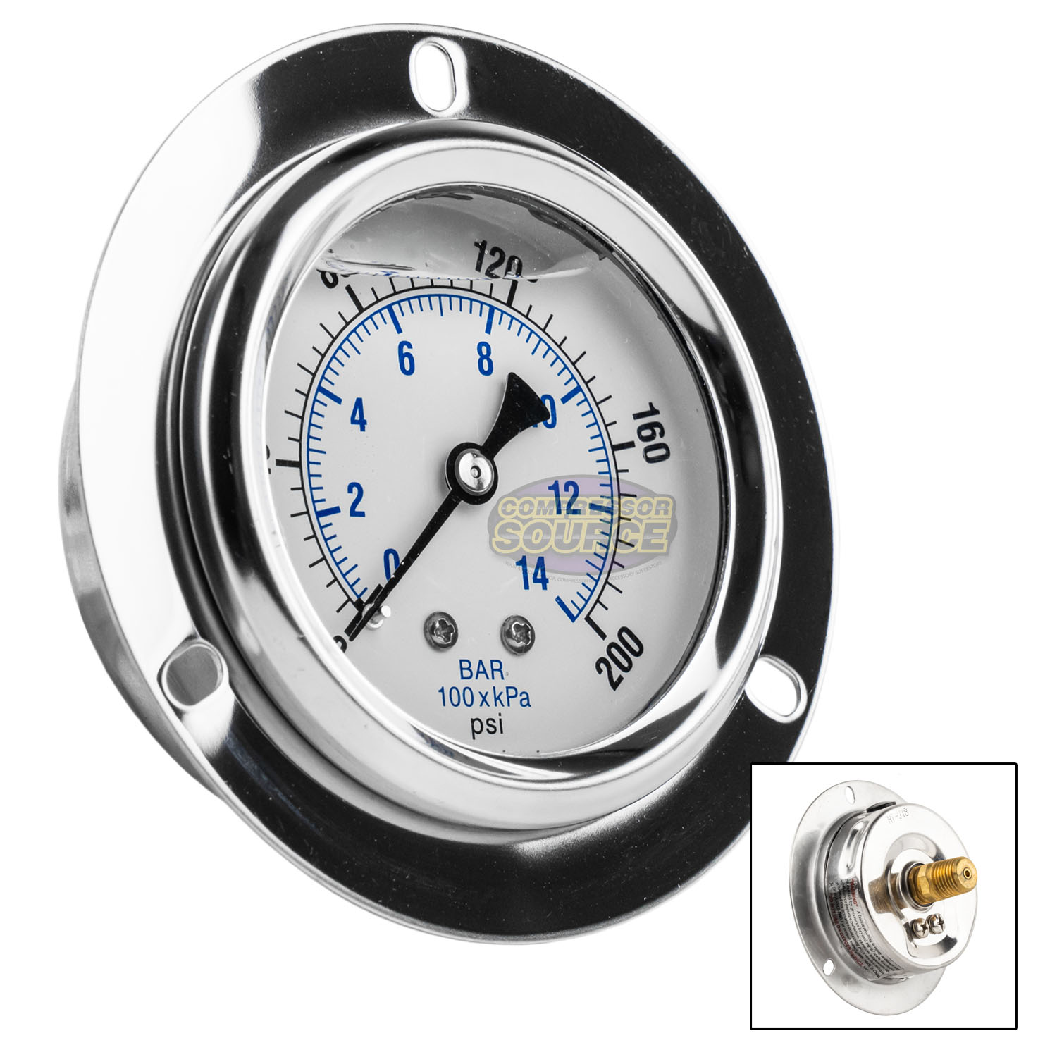 2.5" Liquid Filled Pressure Gauge 0200 PSI 1/4" NPT CBM Panel Flush